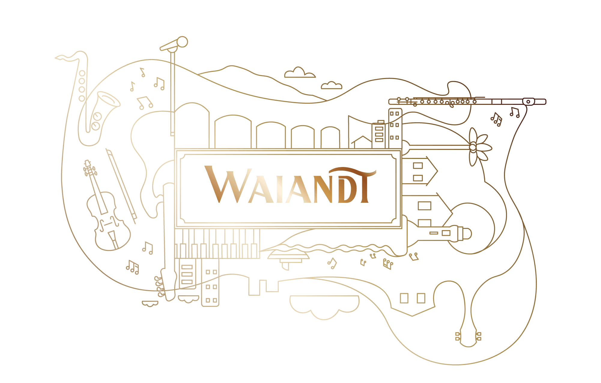 Waiandt Escola de Música — ilustração da marca com instrumentos musicais e a skyline da cidade ao redor do nome da escola
